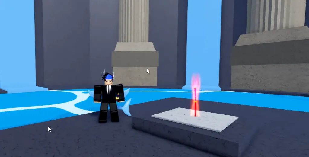 Roblox Blox Fruits gameplay at Temple of Time featuring a character standing near the mysterious flaming sword altar.